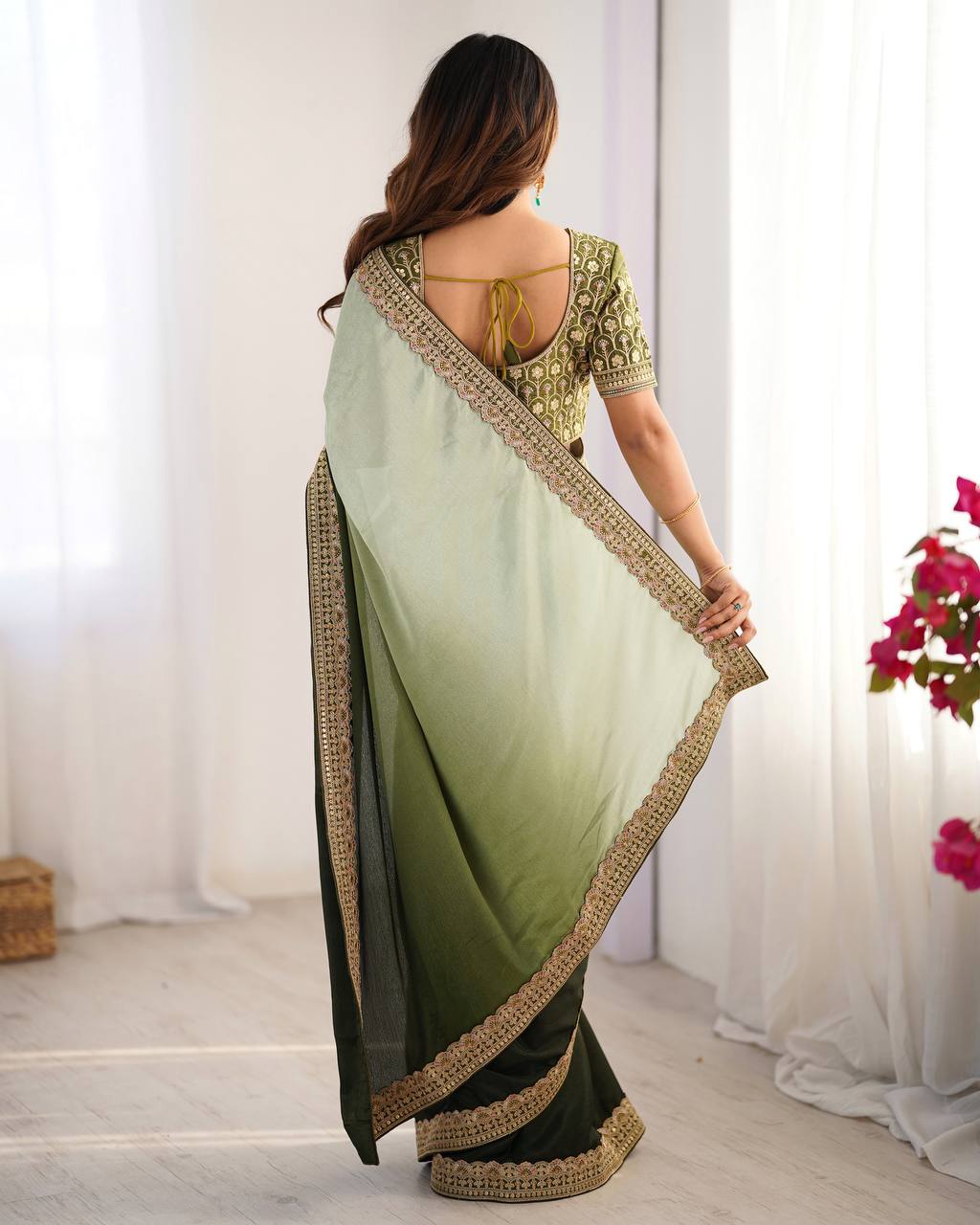 Teeya Creation Multi Color Chinnon Silk Embroidery Work Saree - Distacart