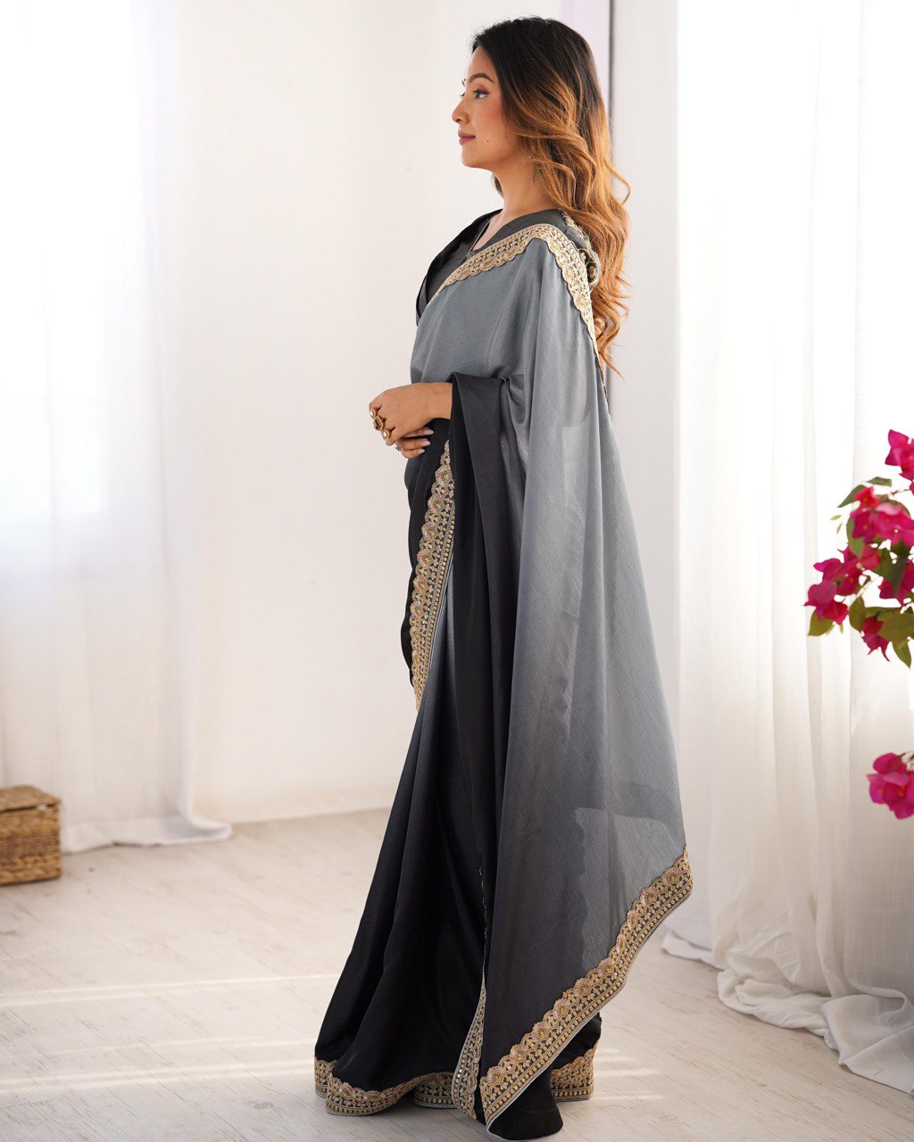 Teeya Creation Multi Color Chinnon Silk Embroidery Work Saree - Distacart