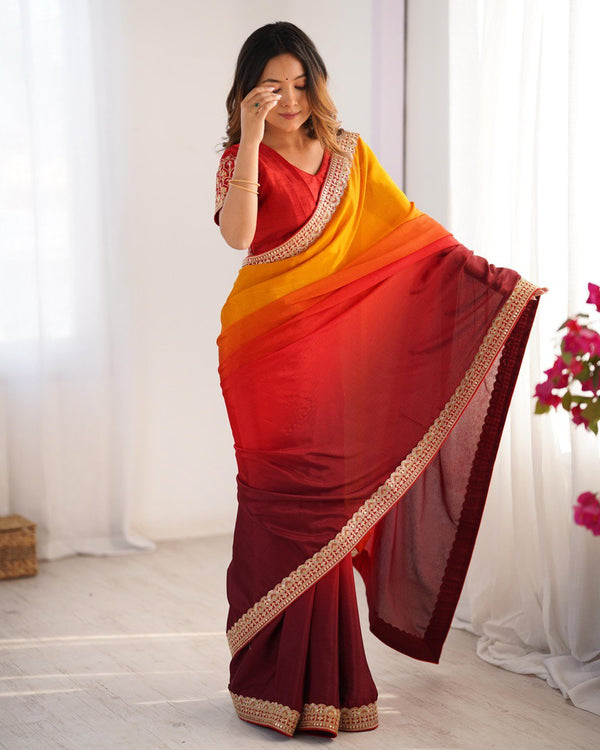 Teeya Creation Multi Color Chinnon Silk Embroidery Work Saree - Distacart