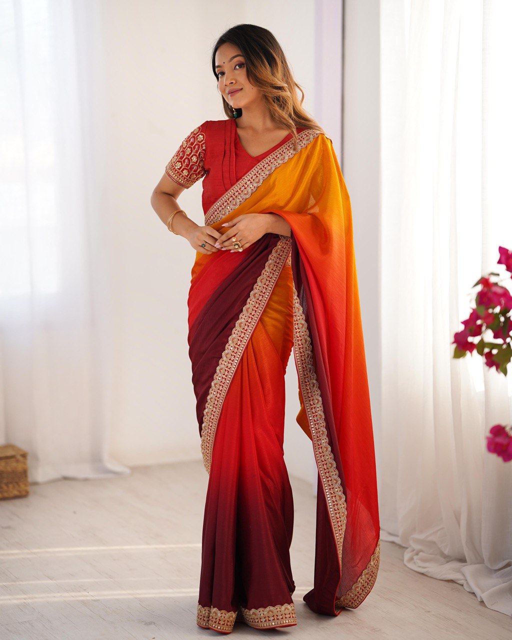 Teeya Creation Multi Color Chinnon Silk Embroidery Work Saree - Distacart