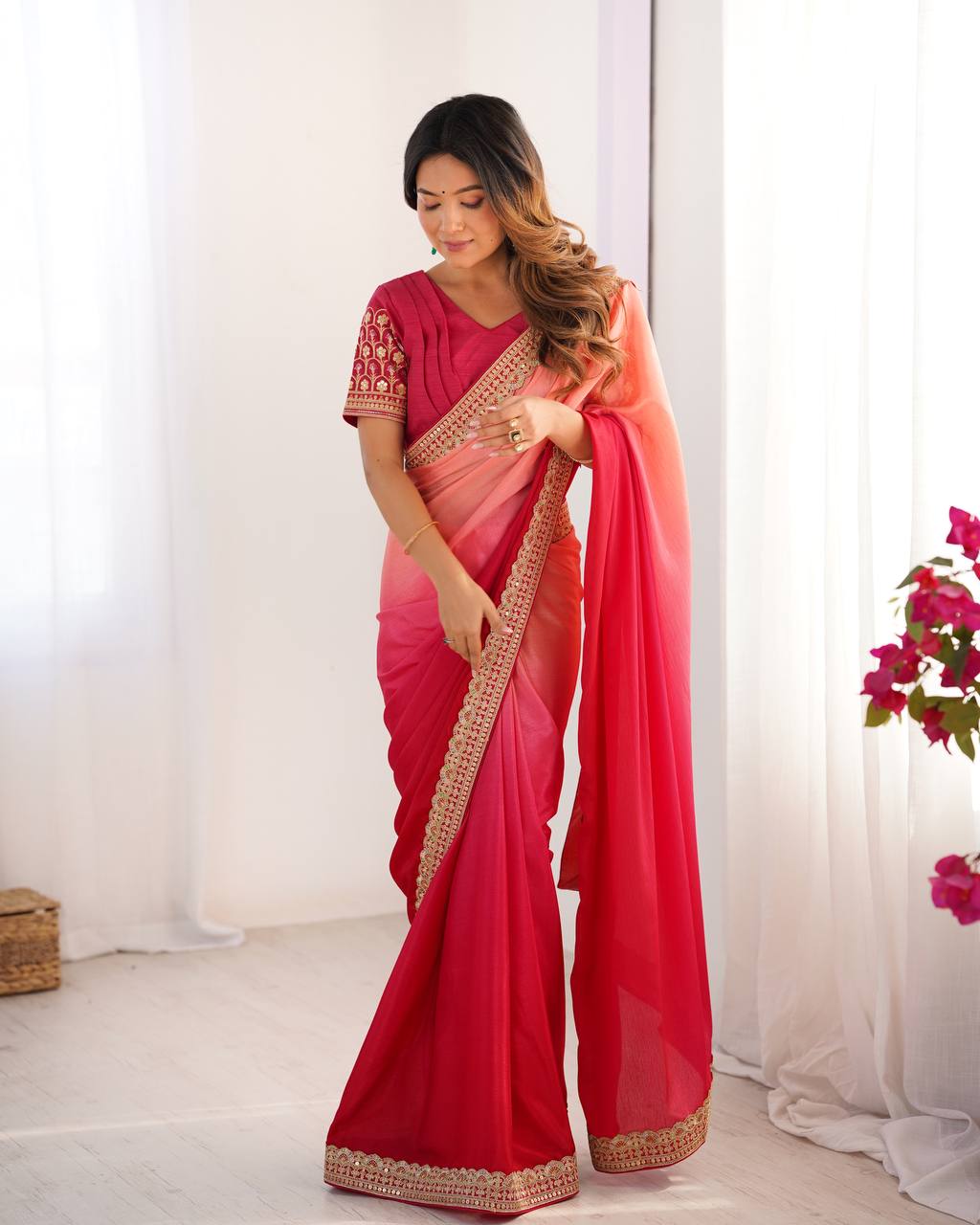 Teeya Creation Multi Color Chinnon Silk Embroidery Work Saree - Distacart
