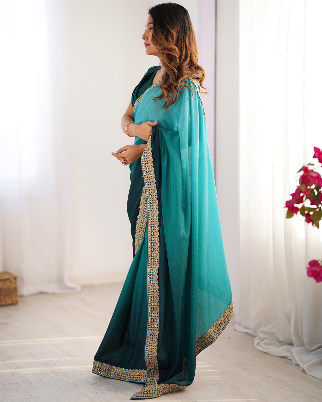 Teeya Creation Multi Color Chinnon Silk Embroidery Work Saree - Distacart