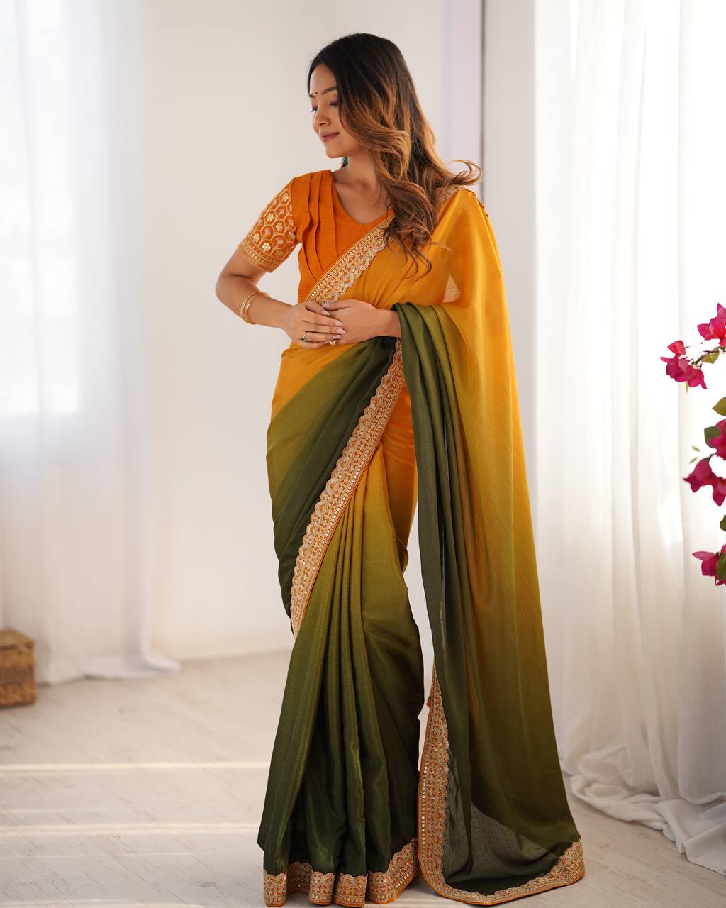 Teeya Creation Multi Color Chinnon Silk Embroidery Work Saree - Distacart
