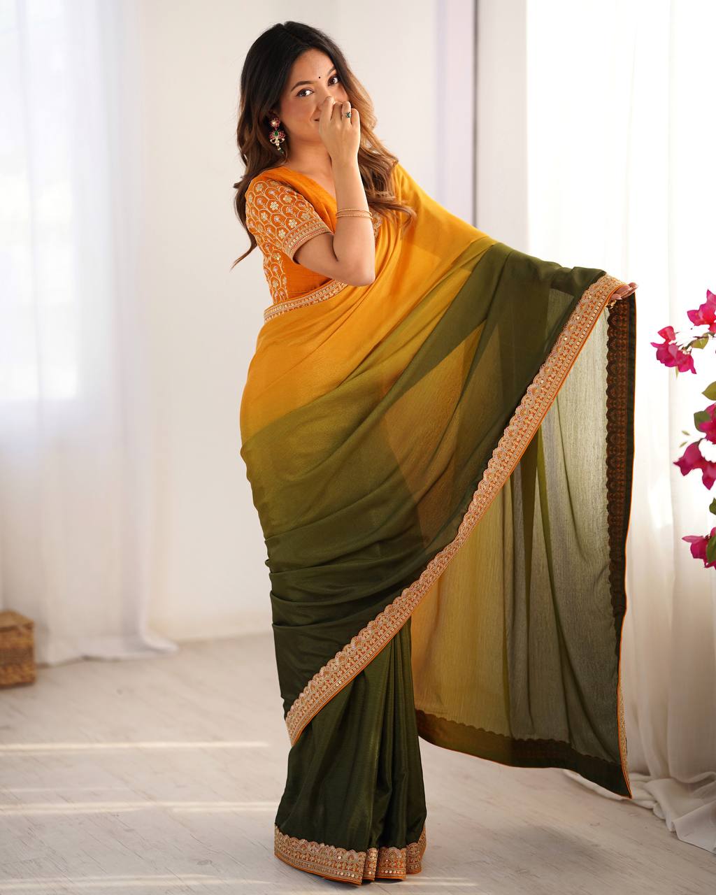 Teeya Creation Multi Color Chinnon Silk Embroidery Work Saree - Distacart