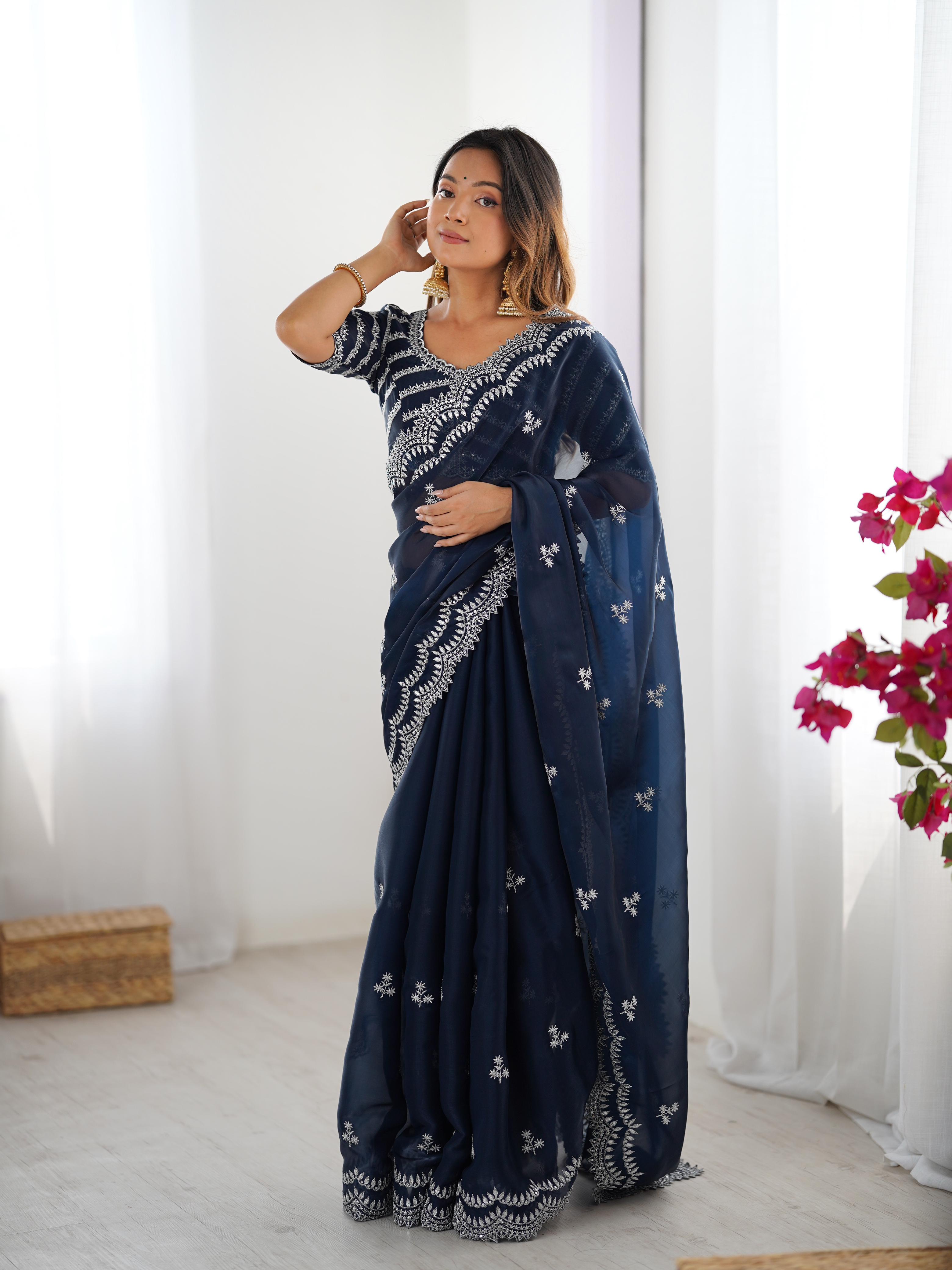 Teeya Creation Navy Blue Color Jimichhu Silk Embroidery Work Saree - Distacart