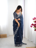 Thumbnail for Teeya Creation Navy Blue Color Jimichhu Silk Embroidery Work Saree - Distacart