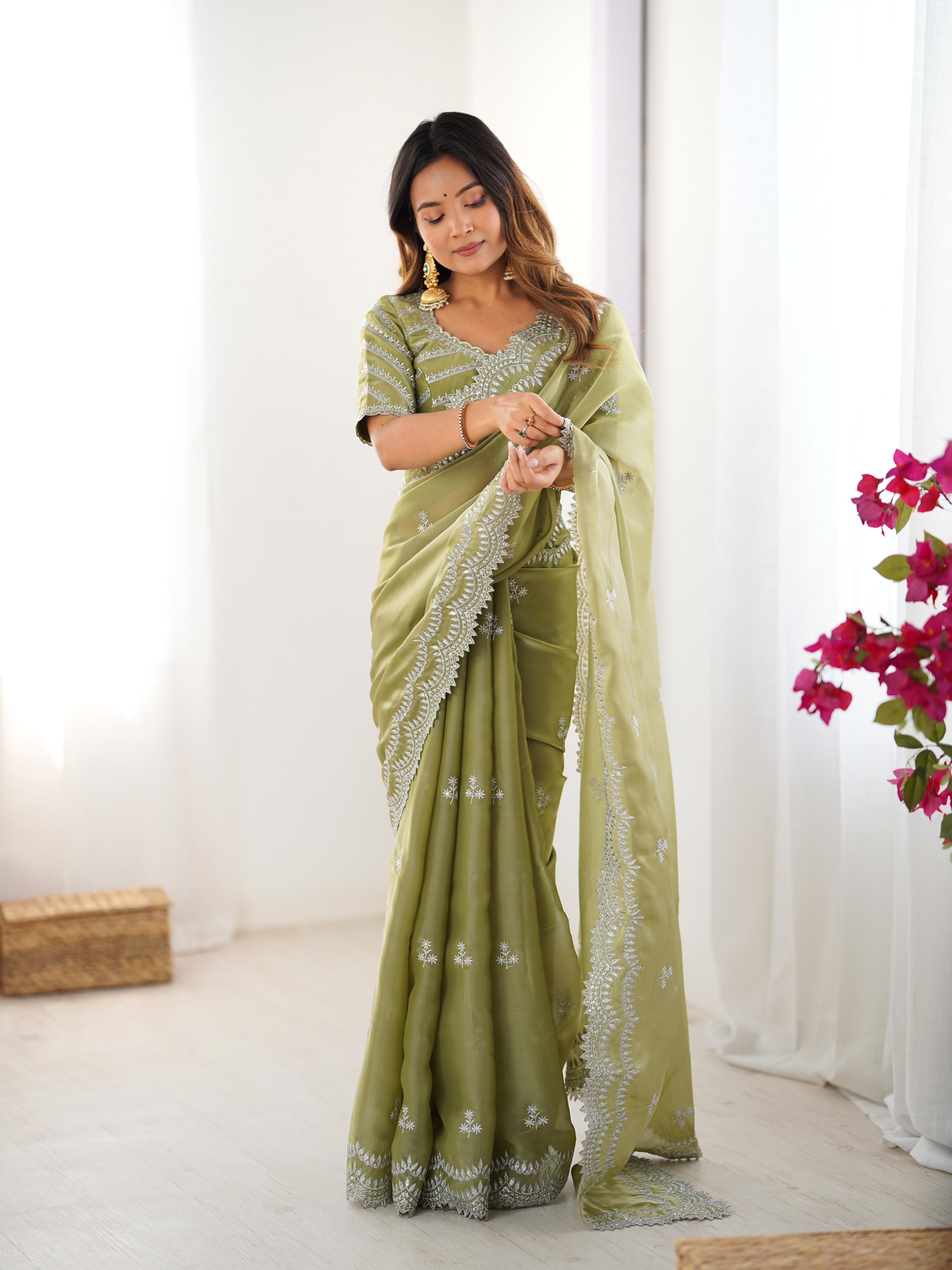 Teeya Creation Pista Color Jimichhu Silk Embroidery Work Saree - Distacart