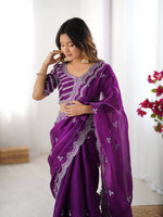 Thumbnail for Teeya Creation Purple Color Jimichhu Silk Embroidery Work Saree - Distacart