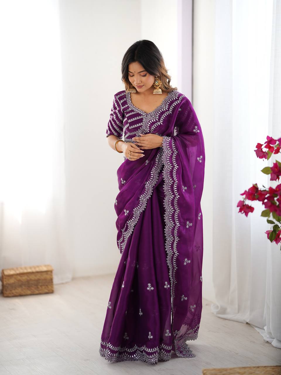 Teeya Creation Purple Color Jimichhu Silk Embroidery Work Saree - Distacart