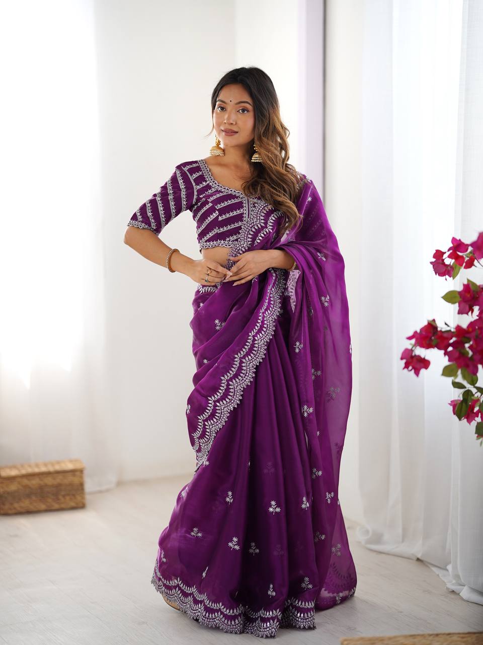Teeya Creation Purple Color Jimichhu Silk Embroidery Work Saree - Distacart