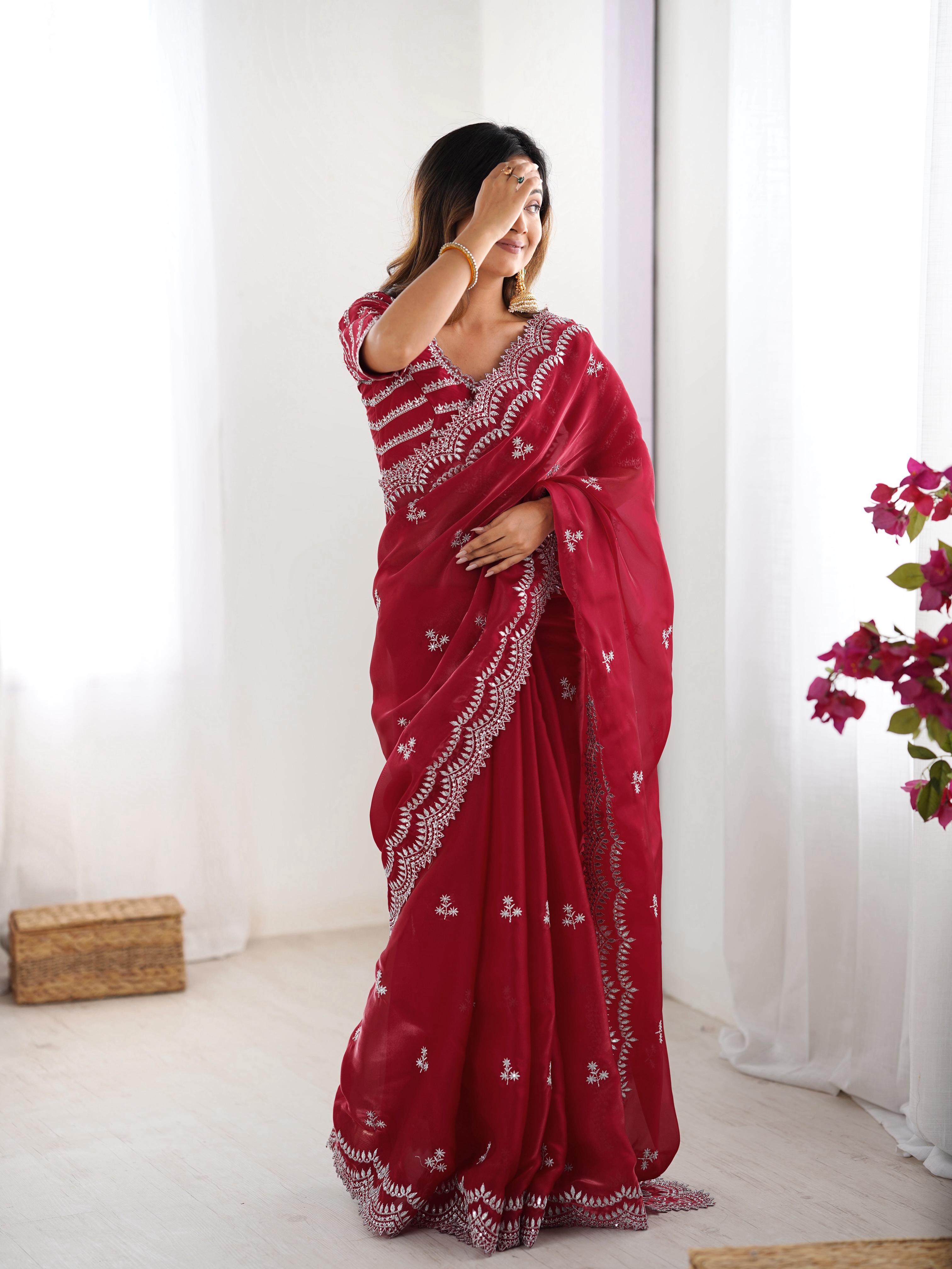 Teeya Creation Red Color Jimichhu Silk Embroidery Work Saree - Distacart