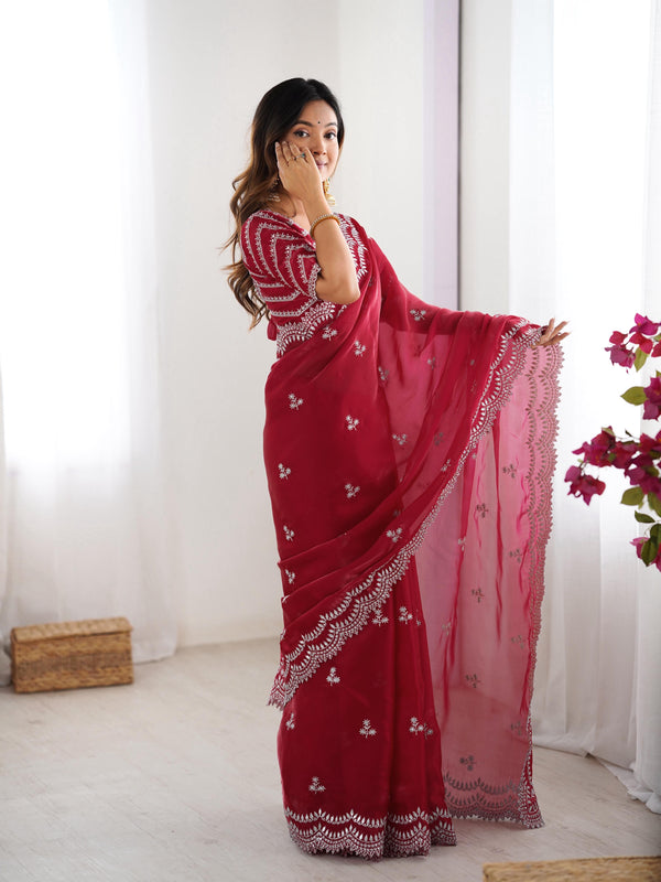 Teeya Creation Red Color Jimichhu Silk Embroidery Work Saree - Distacart