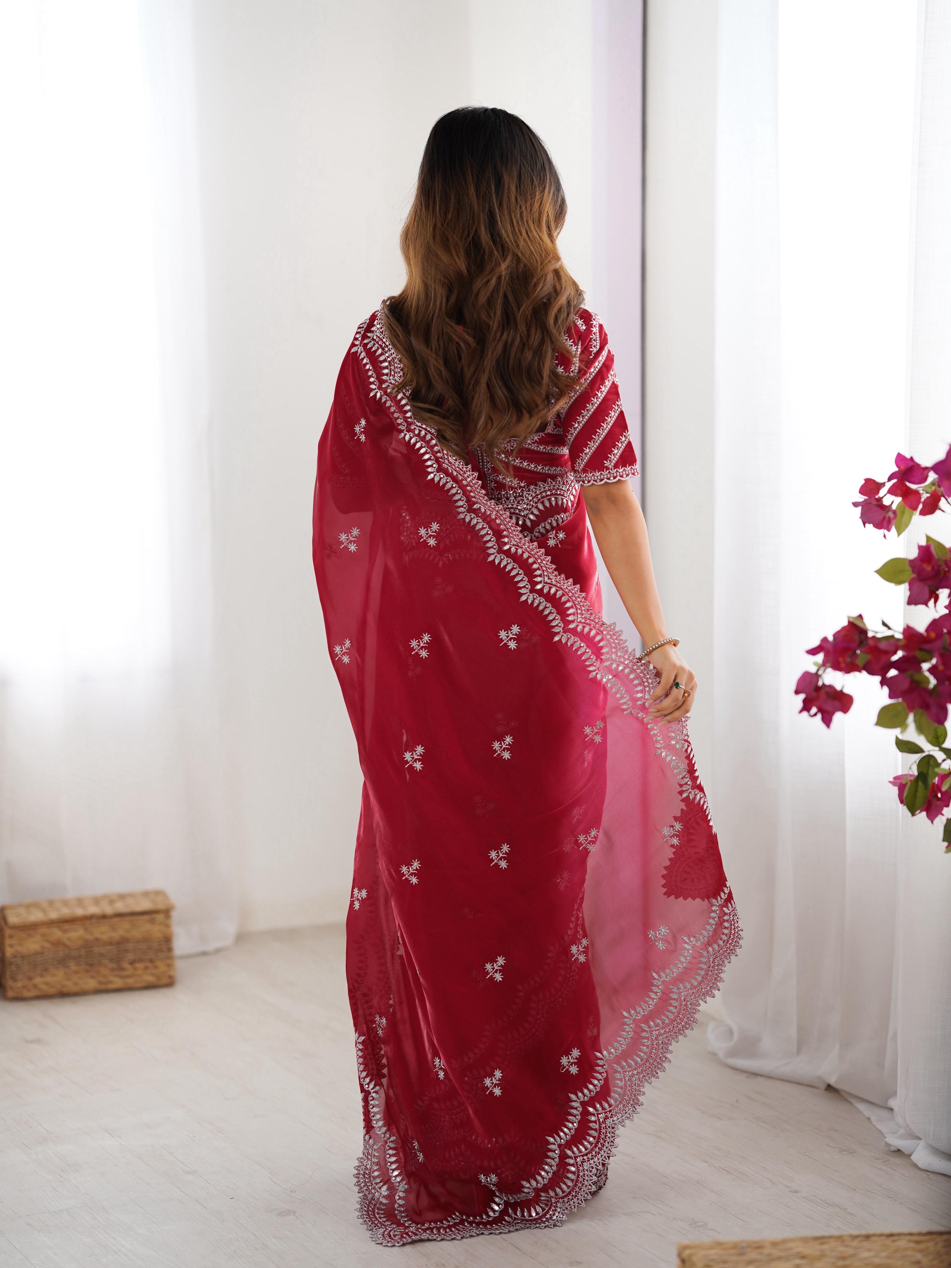 Teeya Creation Red Color Jimichhu Silk Embroidery Work Saree - Distacart