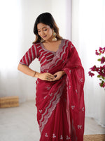 Thumbnail for Teeya Creation Red Color Jimichhu Silk Embroidery Work Saree - Distacart