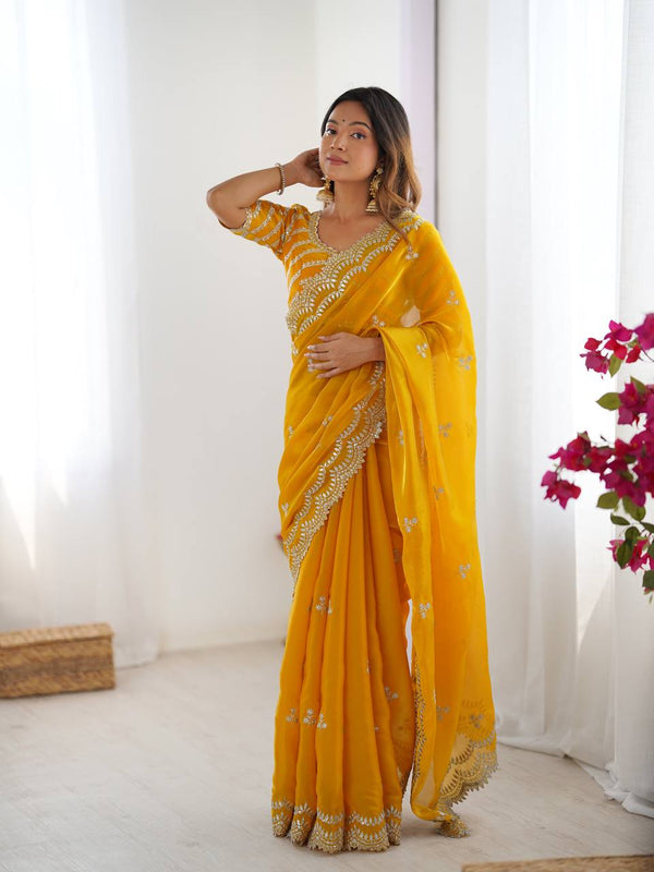 Teeya Creation yellow Color Jimichhu Silk Embroidery Work Saree - Distacart