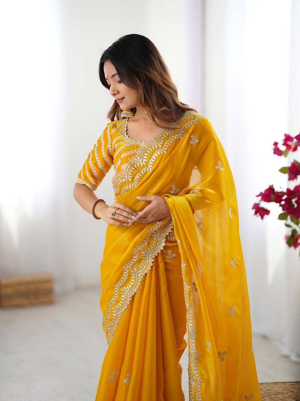 Teeya Creation yellow Color Jimichhu Silk Embroidery Work Saree - Distacart