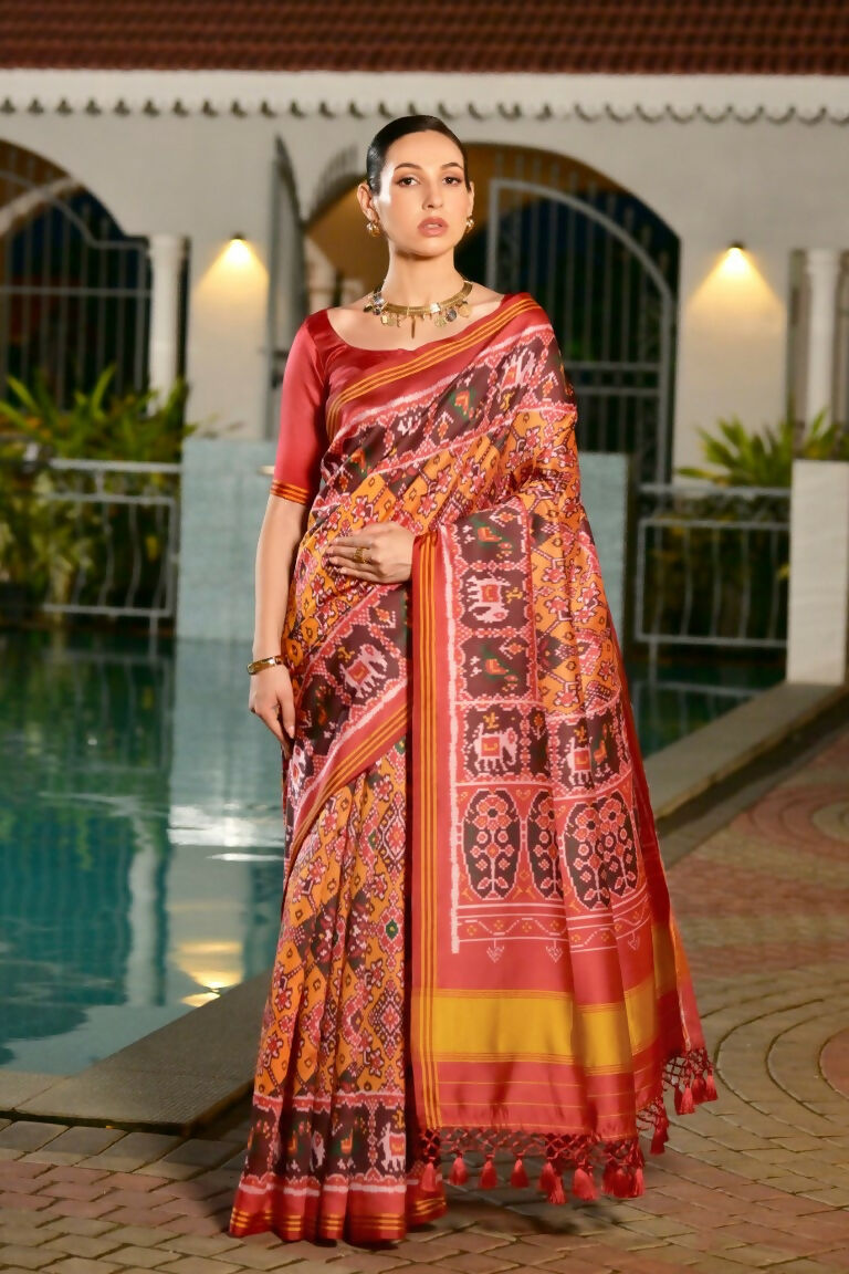 Vishnu Weaves Women's Mustard Banarasi Silk Patola Printed Saree with Blouse