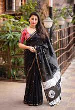Thumbnail for Black Chanderi Cotton Block Print Saree with Unstitched Blouse - Hiral Fashion - Distacart