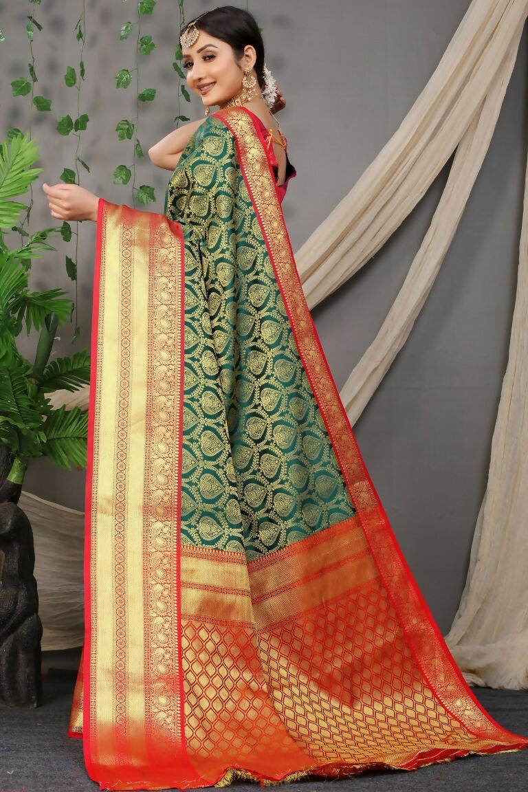 Jyoti Fashion Women's Green Kanjivaram Silk Zari Woven Saree with Blouse - Distacart