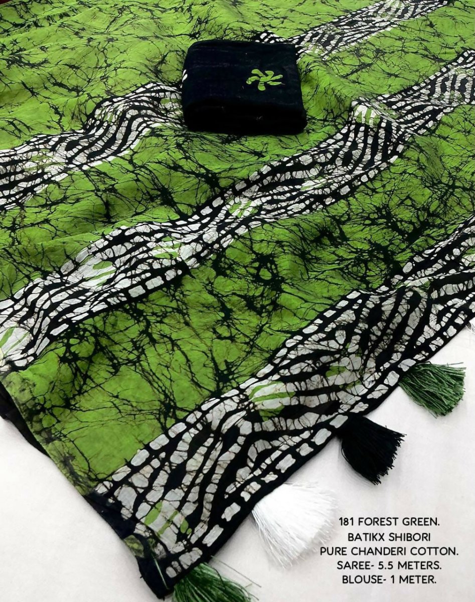 Arfa Fashion House Green Combination Pure Chanderi Cotton Batik Printed Saree - Distacart