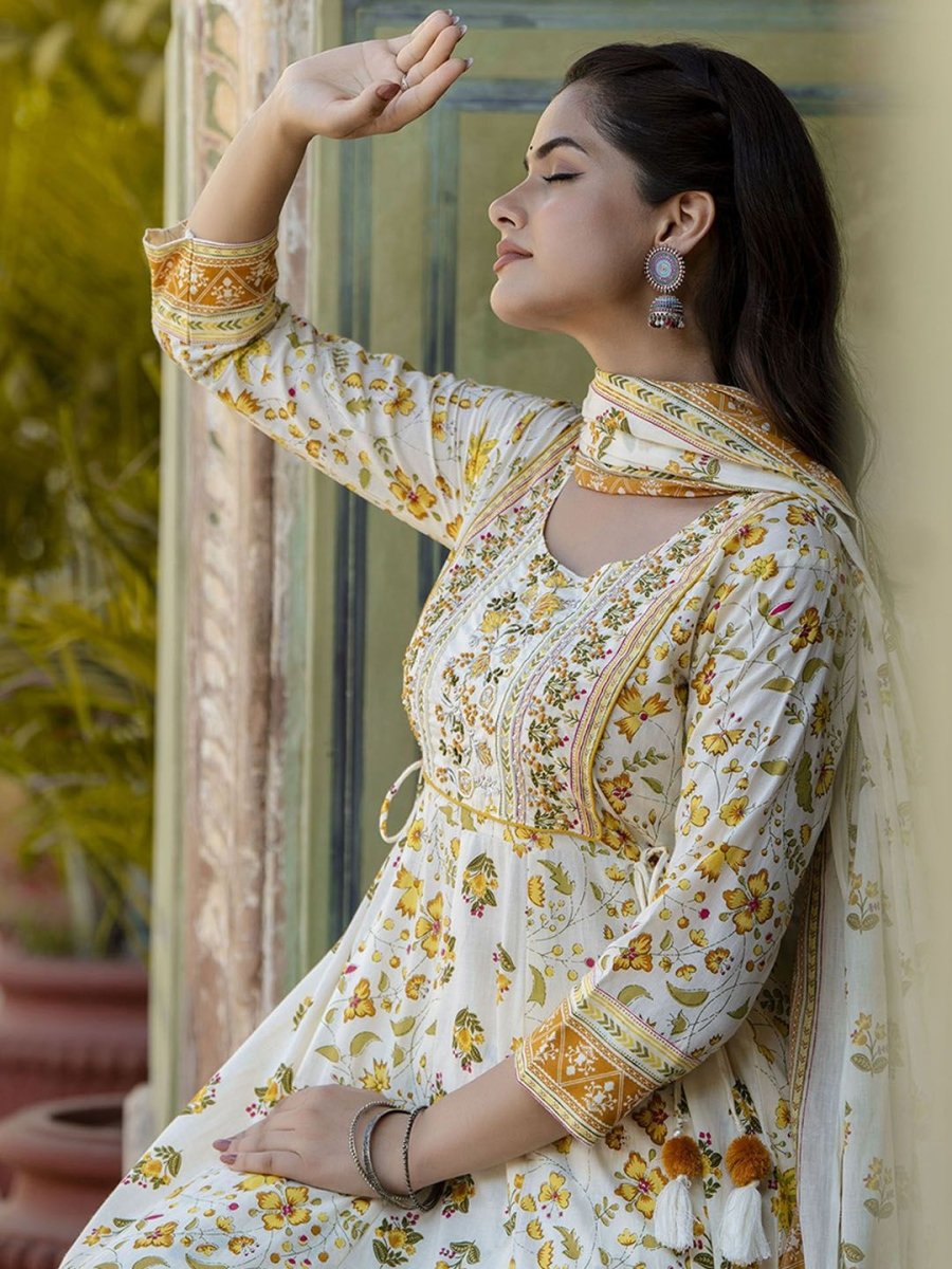 Anouk White Floral Printed Thread Work Pure Cotton Anarkali Kurta With Trouser & Dupatta