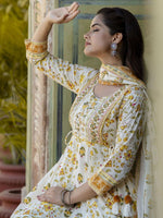 Thumbnail for Anouk White Floral Printed Thread Work Pure Cotton Anarkali Kurta With Trouser & Dupatta