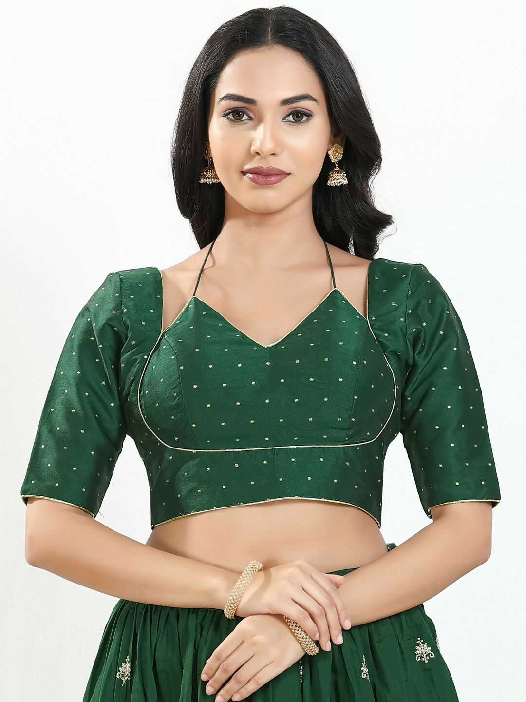 Joban Fashion Bottle Green Brocade Padded Blouse With Sweetheart Neck Elbow Sleeves