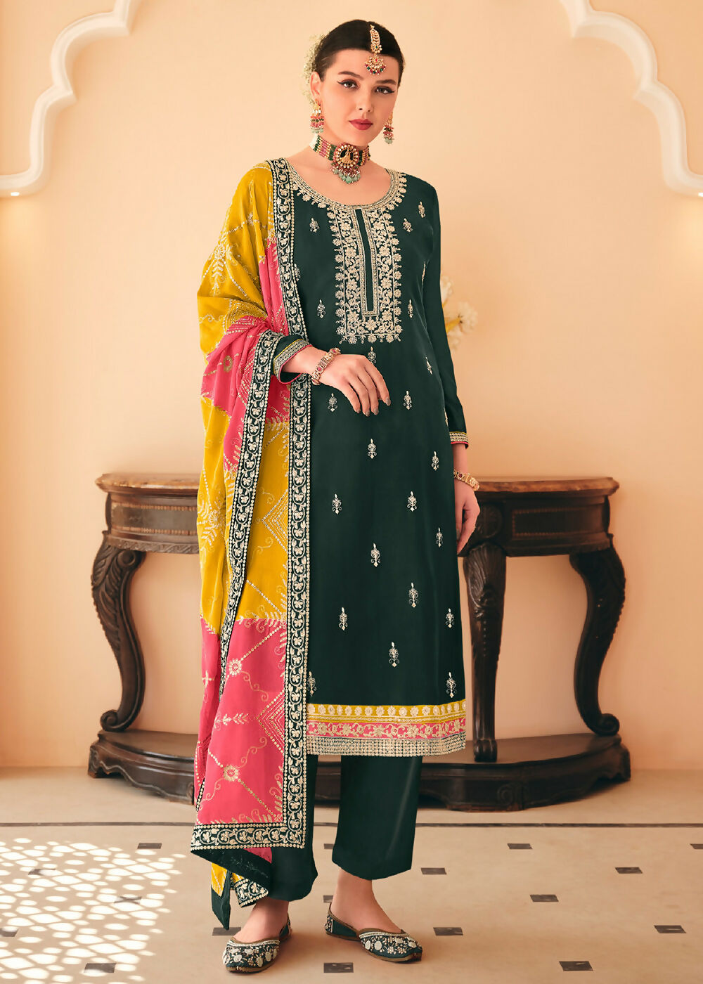 Dazzling Green Embroidered Chinnon Palazzo Salwar Kurta - Emponline - Distacart
