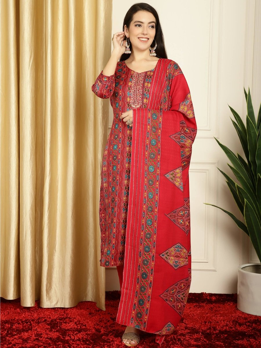 Aastha Fashion Women's Red Pashmina Floral Digital Printed Kurta with Trouser & Dupatta - Distacart