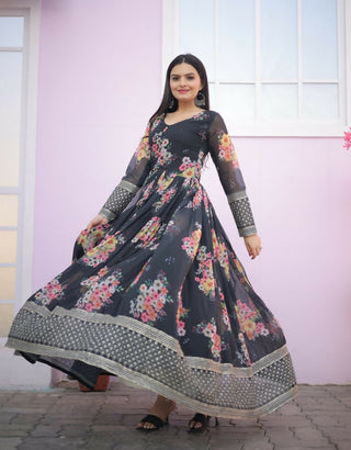 Jyoti Fashion Women's Black Digital Print with Sequence Zari Embroidered Faux Georgette Anarkali Dress - Distacart
