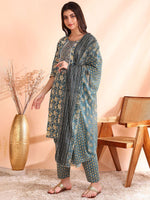 Thumbnail for Ode by House of Pataudi Printed Mirror Work Pure Cotton Kurta With Trousers & Dupatta - Distacart
