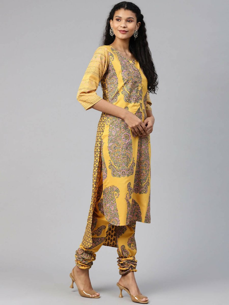Ahalyaa Women Mustard Crepe Printed Kurta Churidar Set - Distacart