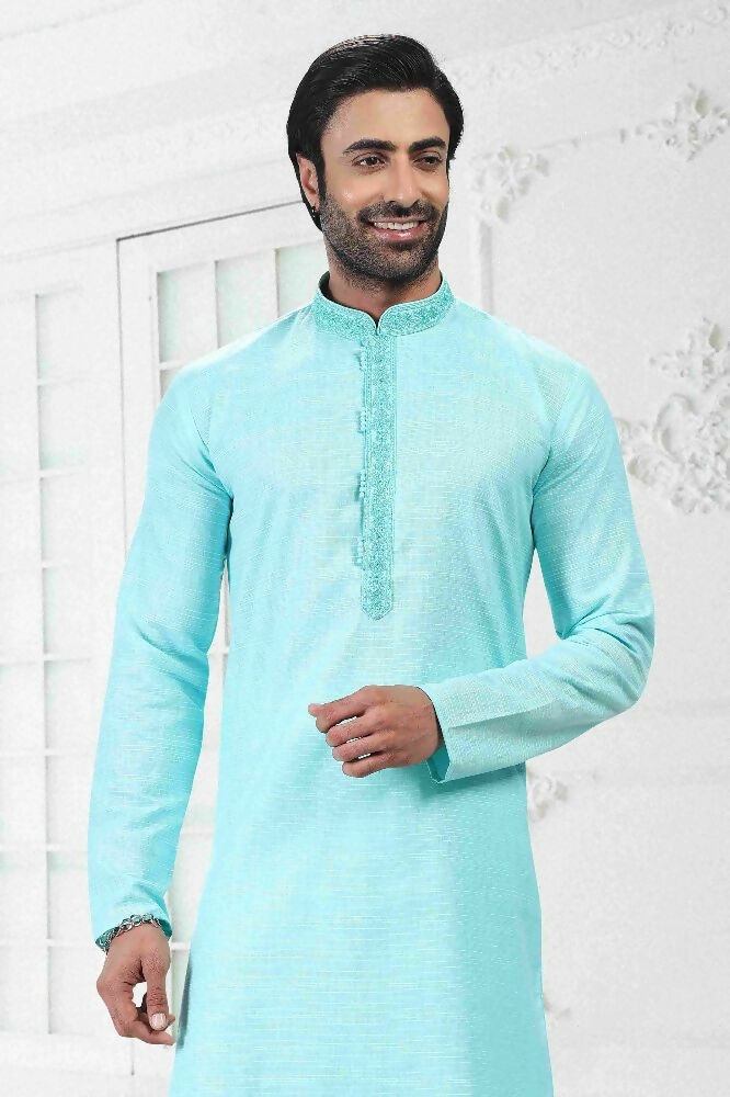 Raivat Ethnic Linen Cotton Thread Work Kurta Pajama In Sky Blue Colour - Dista