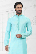 Thumbnail for Raivat Ethnic Linen Cotton Thread Work Kurta Pajama In Sky Blue Colour - Dista