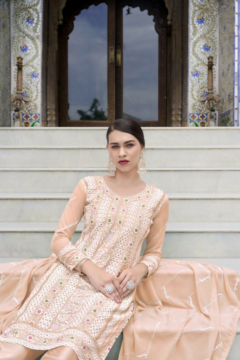 Jyoti Fashion Women's Peach Faux Georgette Heavy Embroidery and Moti Work Kurta Set - Distacart