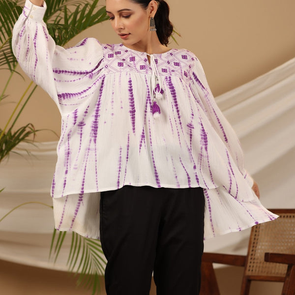 Juniper Women's Lavender Mirror Embroidered Rayon Crepe Tie-Dye Tunic With Tassels - Distacart