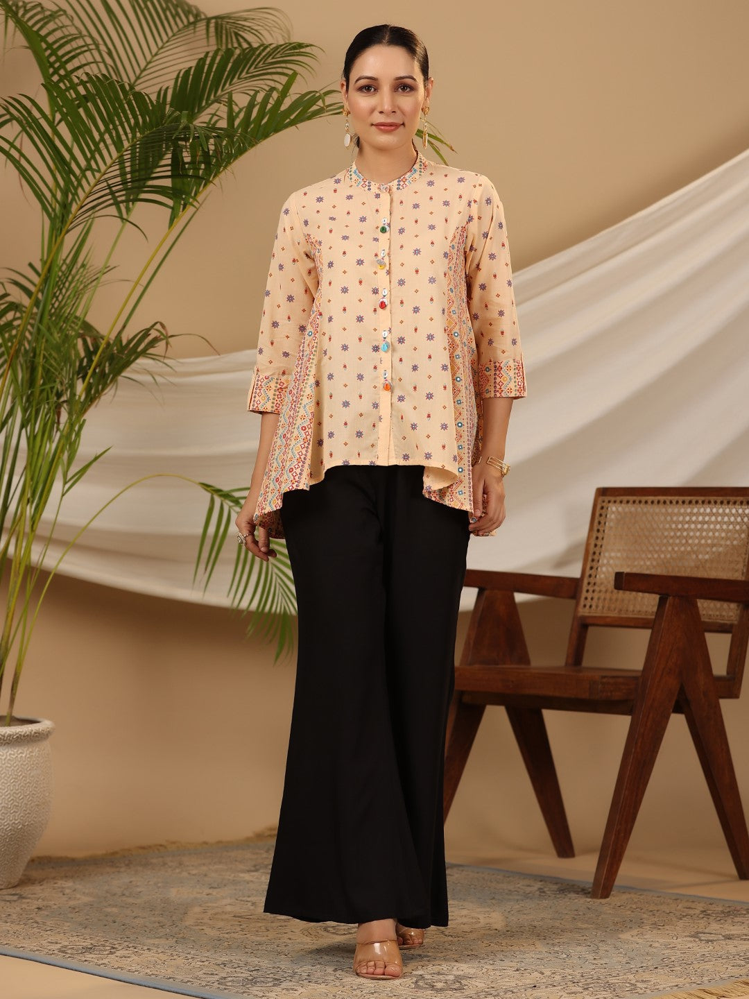 Juniper Women's Peach Tribal Printed Pure Cotton Tunic With Beads Work - Distacart