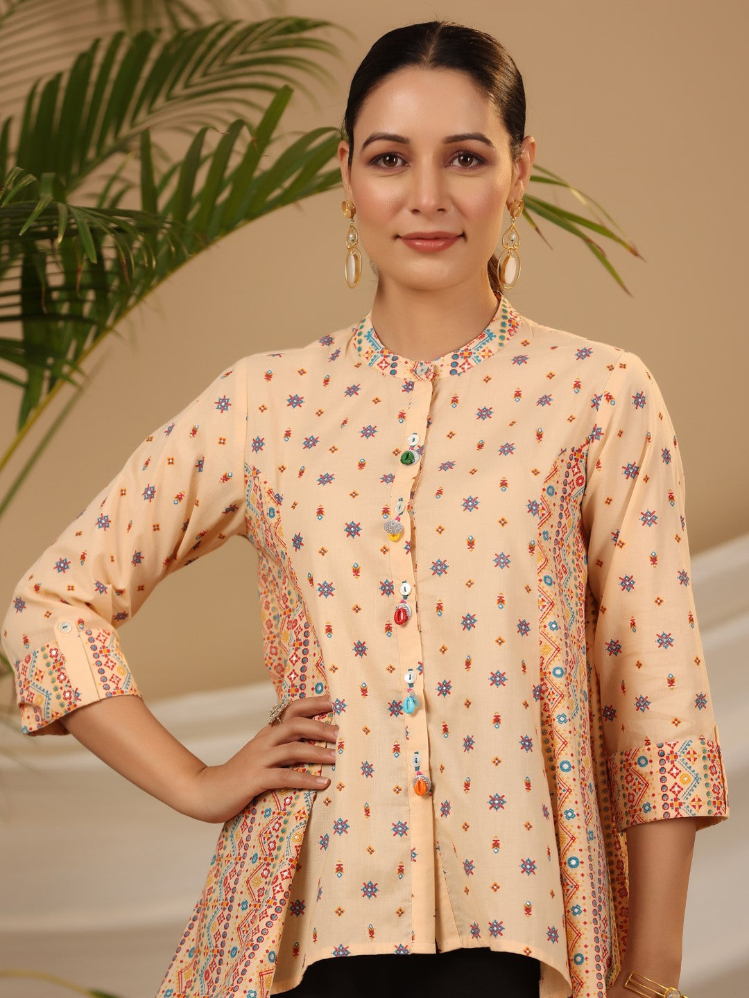 Juniper Women's Peach Tribal Printed Pure Cotton Tunic With Beads Work - Distacart
