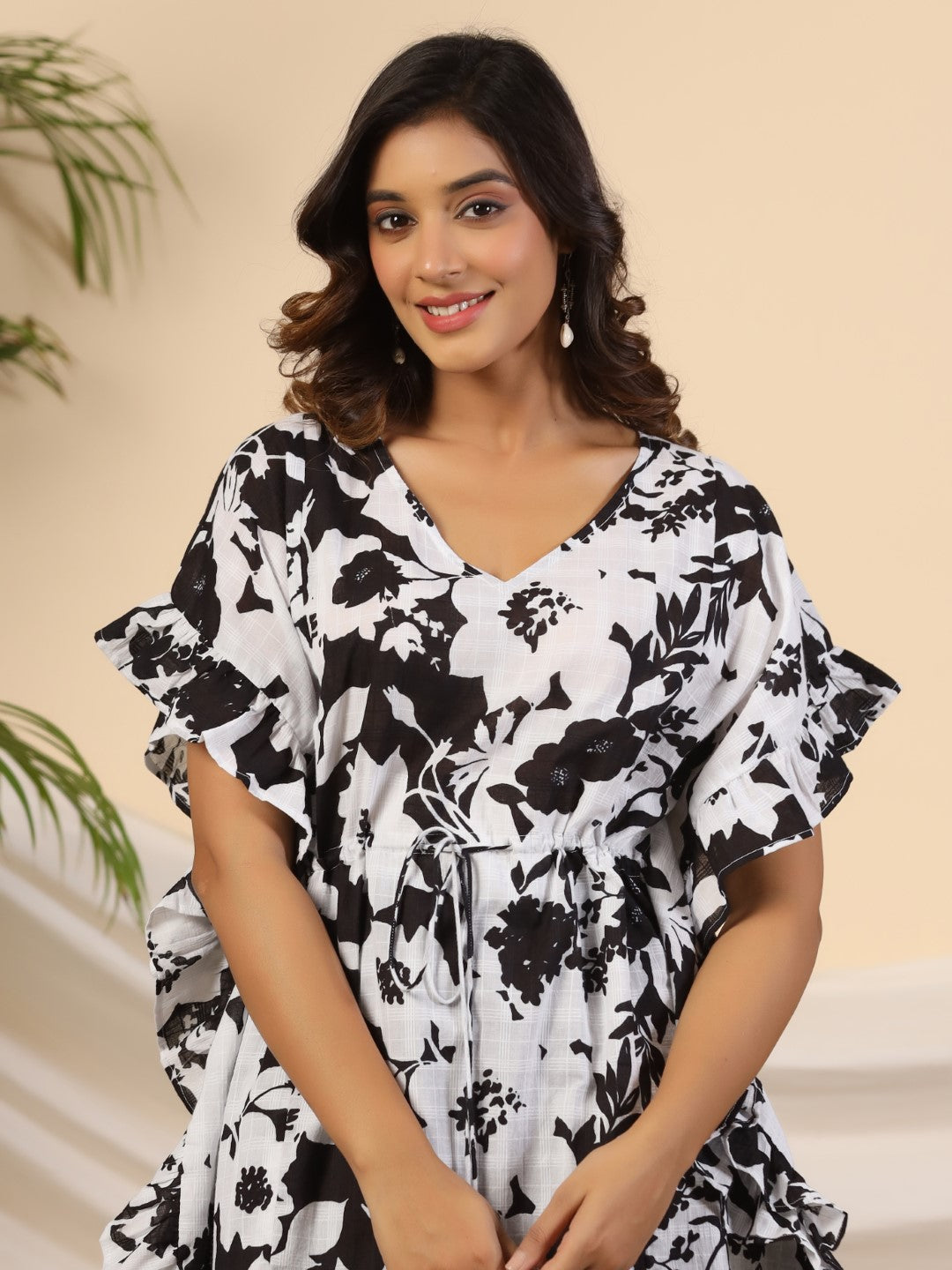 Juniper Black Floral Printed Cotton Dobby Kaftan Tunic - Distacart