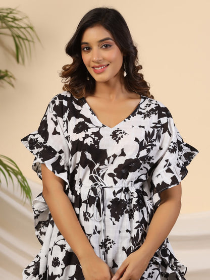 Juniper Black Floral Printed Cotton Dobby Kaftan Tunic - Distacart