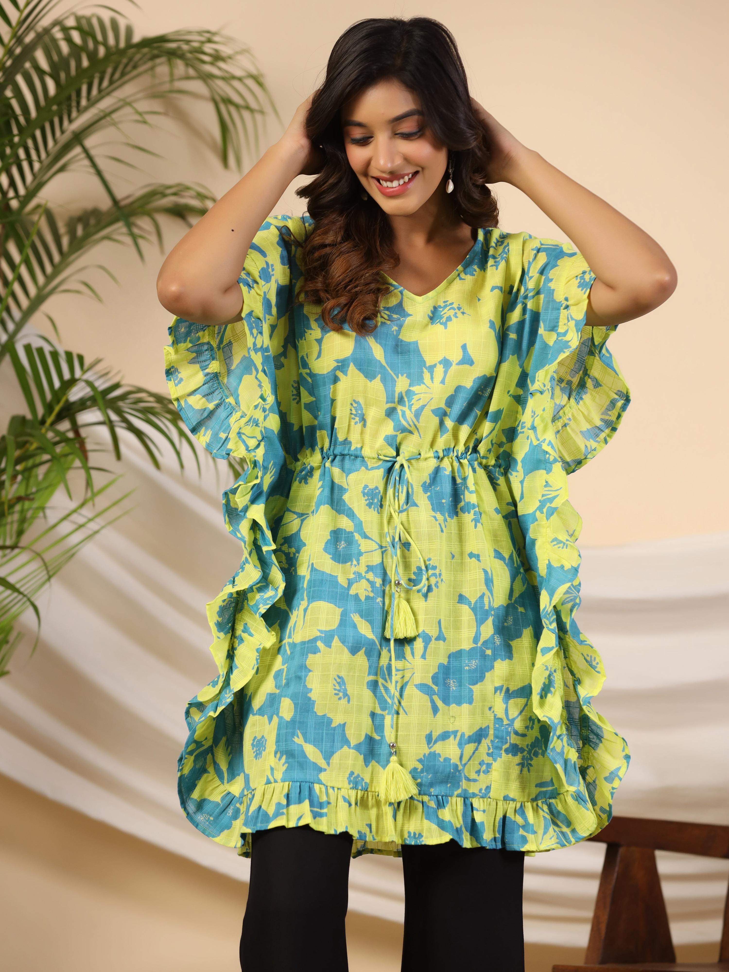 Juniper Turquoise Floral Printed Cotton Dobby Kaftan Tunic - Distacart