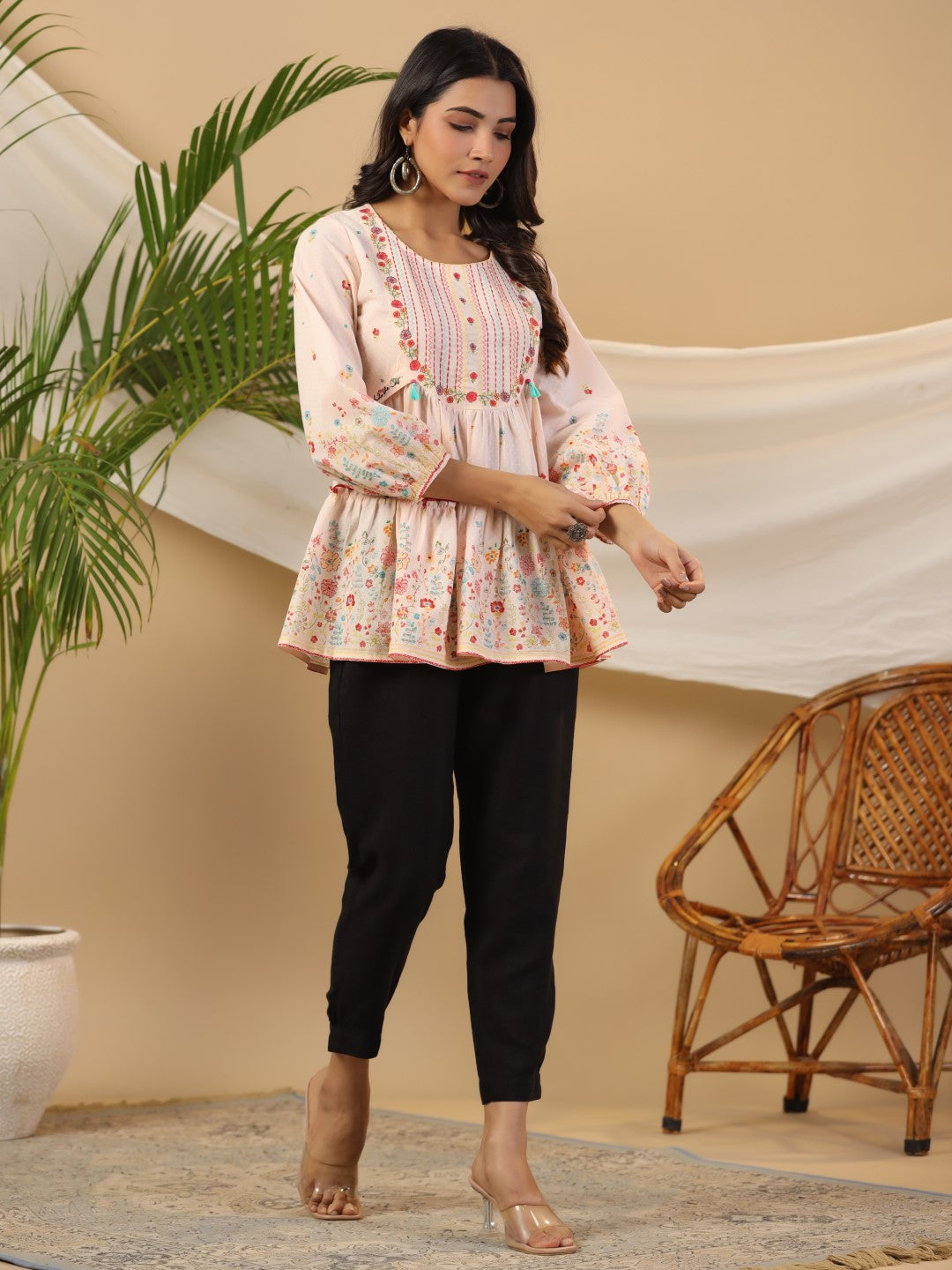 Juniper The Wonderland Women Peach Floral Printed Cotton Peplum Tunic With Thread Embroidery - Distacart