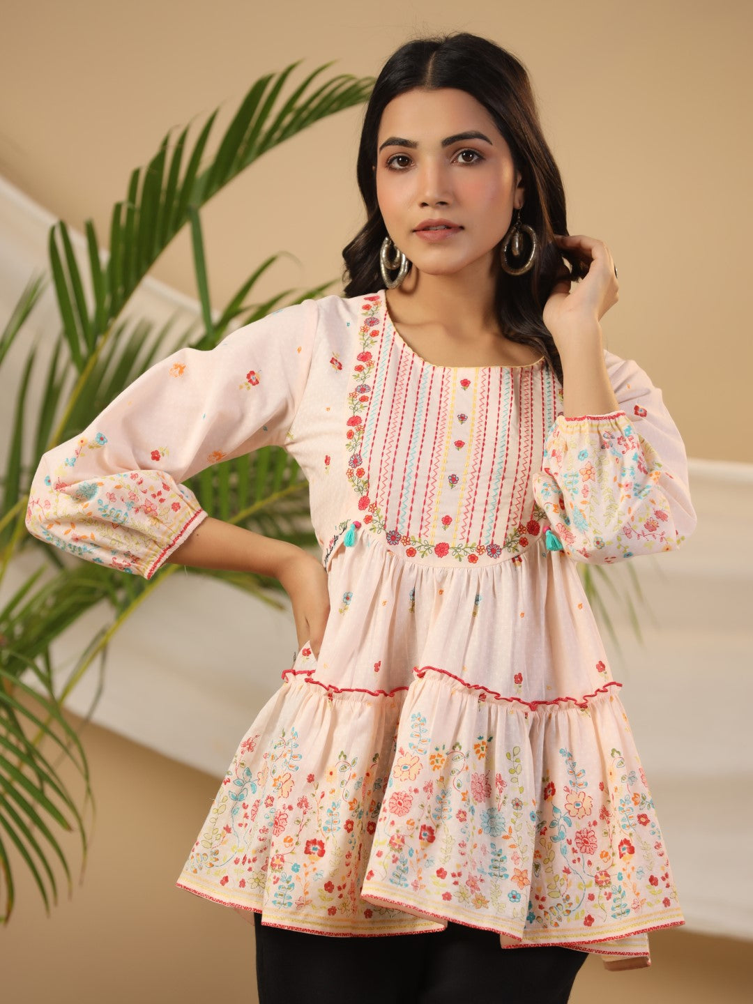 Juniper The Wonderland Women Peach Floral Printed Cotton Peplum Tunic With Thread Embroidery - Distacart