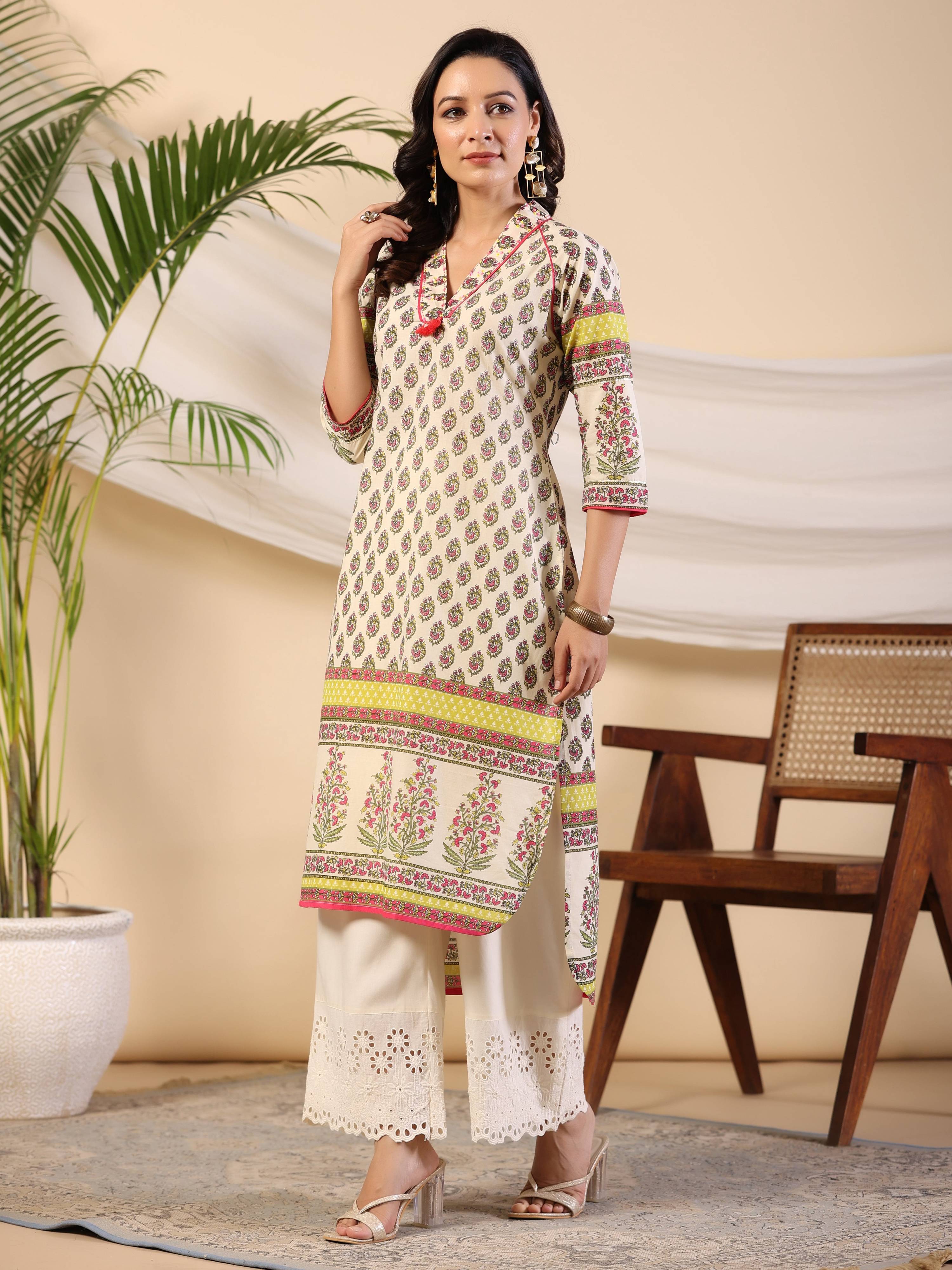 Juniper Women Beige Ethnic Motif Printed High Low Cotton Kurta With Kaudis Tassels & Contract Piping - Distacart