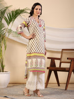 Thumbnail for Juniper Women Beige Ethnic Motif Printed High Low Cotton Kurta With Kaudis Tassels & Contract Piping - Distacart