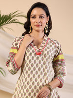 Thumbnail for Juniper Women Beige Ethnic Motif Printed High Low Cotton Kurta With Kaudis Tassels & Contract Piping - Distacart