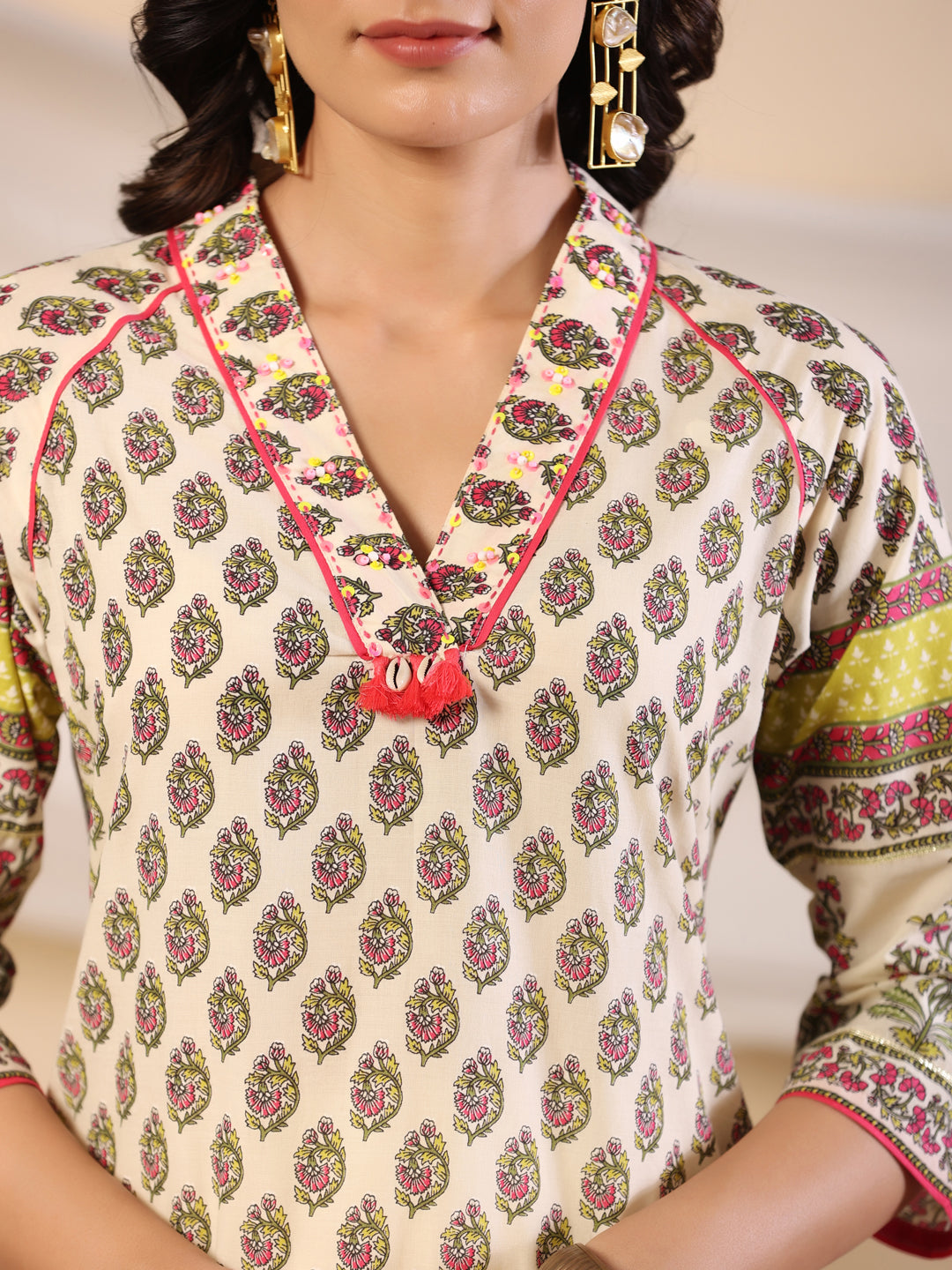 Juniper Women Beige Ethnic Motif Printed High Low Cotton Kurta With Kaudis Tassels & Contract Piping - Distacart