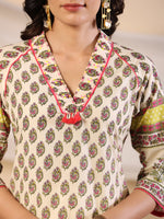 Thumbnail for Juniper Women Beige Ethnic Motif Printed High Low Cotton Kurta With Kaudis Tassels & Contract Piping - Distacart