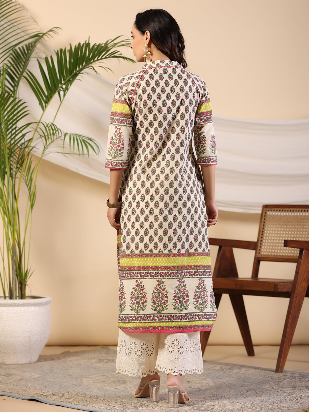 Juniper Women Beige Ethnic Motif Printed High Low Cotton Kurta With Kaudis Tassels & Contract Piping - Distacart