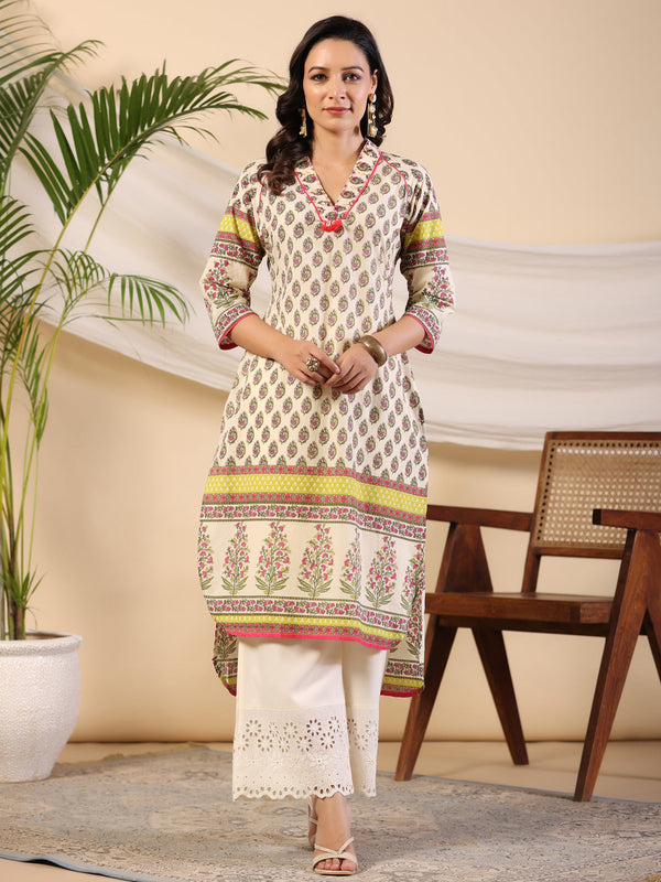 Juniper Women Beige Ethnic Motif Printed High Low Cotton Kurta With Kaudis Tassels & Contract Piping - Distacart